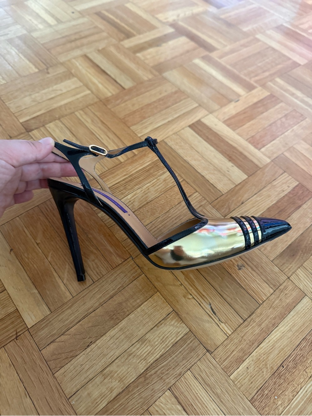 Ralph Lauren Black patent and Metallic Gold T-Strap Stiletto